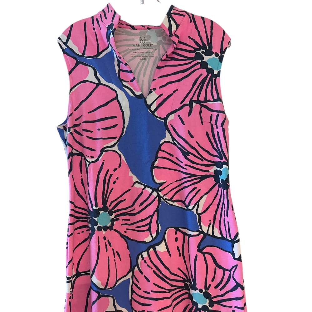 Mahi Gold Dress Sz LPink Blue Floral Sleeveless V-Neck Shift USA Made Stretch